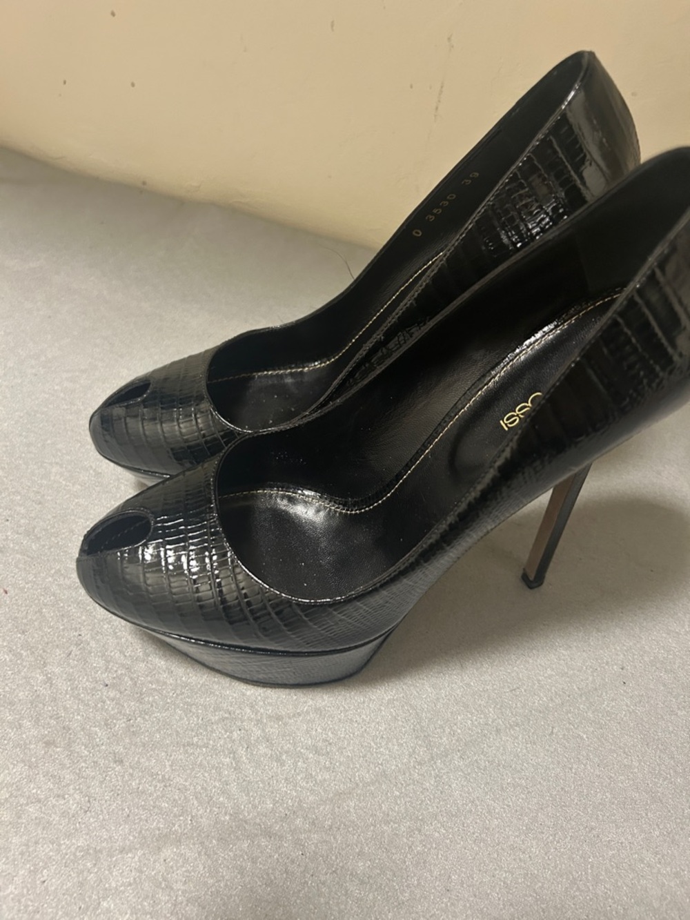 Sergio Rossi Black Patent Croc-Embossed Peep-Toe Heels